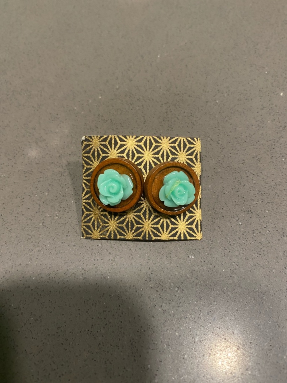 Wood Button Earrings with Mint Rose Detail